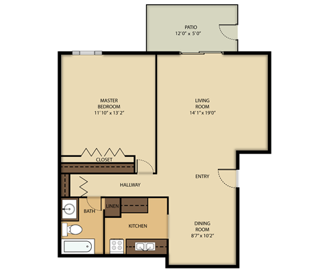 A floor plan of a house with a master bedroom, living room, dining room, kitchen, bathroom, and closet.